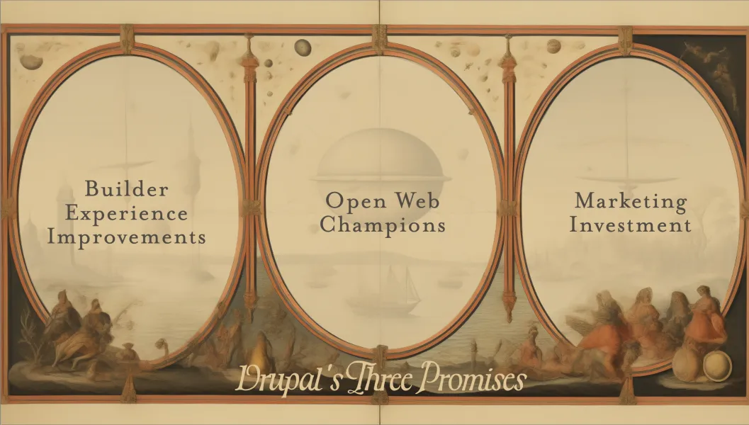 Drupal コミュニティーの 3 つのイニシアティブを表す絵